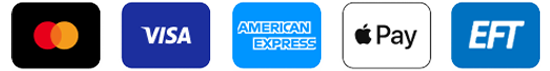 Icons representing various payment methods. From left to right: Mastercard logo, Visa logo, American Express logo, Apple Pay logo, and EFT (Electronic Funds Transfer) logo.