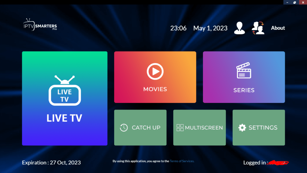 Interface de l'application IPTV Smarters Pro montrant des options telles que Live TV, Films et Séries, idéale pour les utilisateurs canadiens.