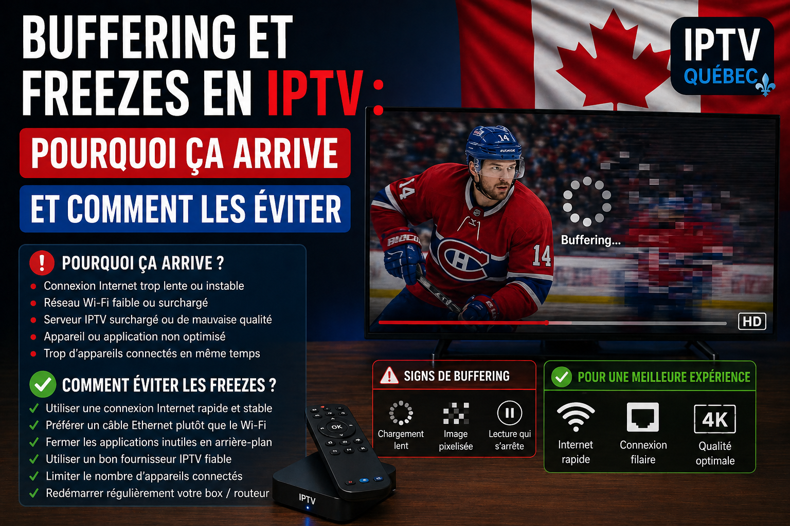 Illustration des causes de buffering en IPTV : Wi-Fi instable, serveur surchargé, FAI limitant