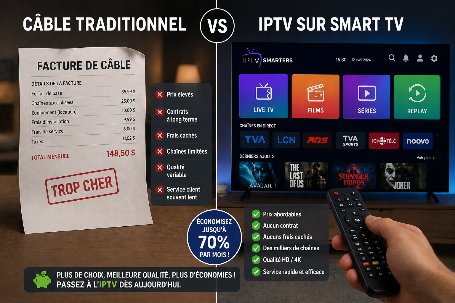 Illustration comparative entre une facture de câble traditionnel et une télécommande de Smart TV avec interface IPTV - IPTV ou câble