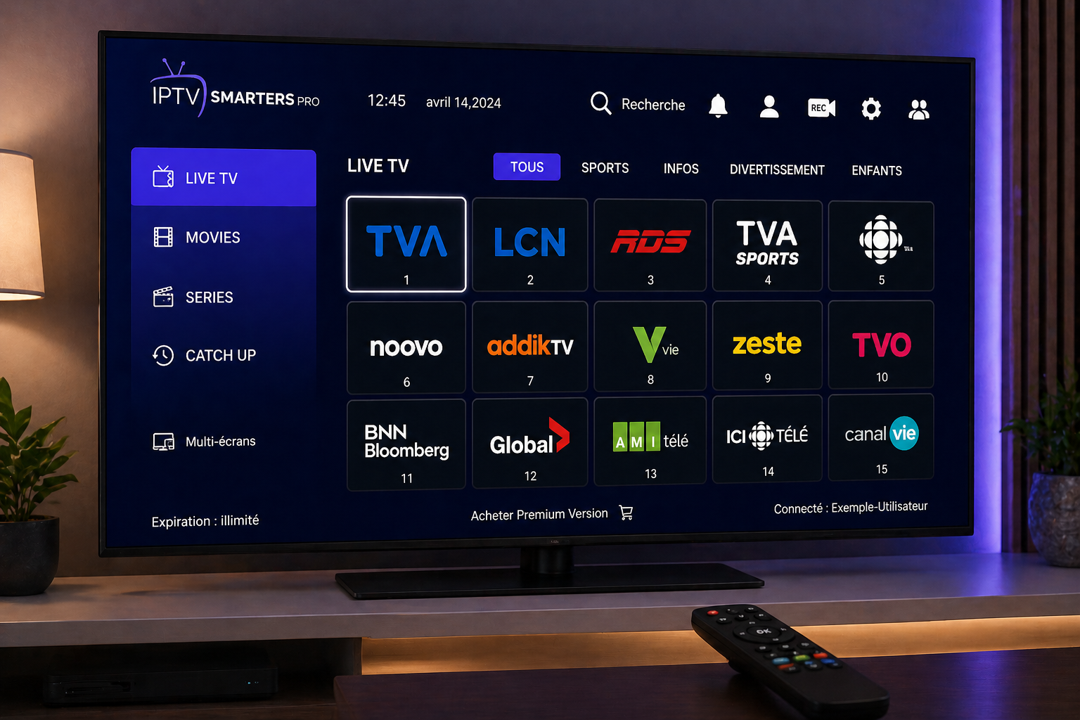 Illustration d'une Smart TV avec l'application IPTV Smarters Pro ouverte affichant des chaînes