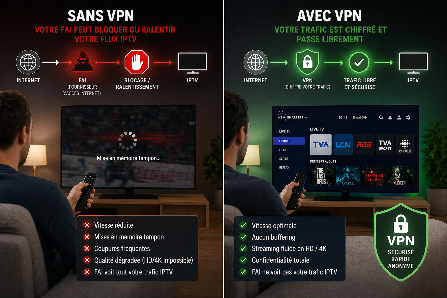 Schéma montrant le trajet du flux IPTV sans VPN (bloqué par le FAI) vs avec VPN (flux chiffré et libre)